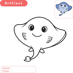 Cute coloring page of a smiling stingray. Simple vector illustration for children's activities, printable worksheets, and educational projects. Perfect for kids to learn about sea creatures.