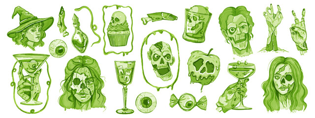 Halloween zombie party horror set, hand drawn watercolor scary holiday illustration, green eyeball. Undead monster female male character face, spooky skull, hand with cocktail. Halloween party decor