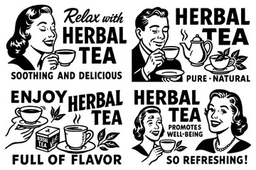 Retro comic scenes of people enjoying herbal tea with slogans, Transparent Background