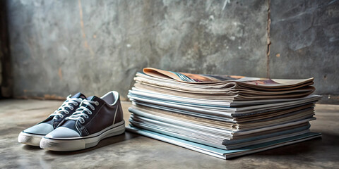 A pair of worn canvas sneakers with laces rests on a textured concrete floor next to a stack of old magazines