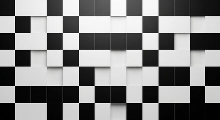 Fototapeta premium Abstract background featuring a distorted black and white checkerboard pattern. Digital glitch art with fragmented geometric squares creating a chaotic visual effect.