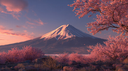 Mount Fuji at sunrise with cherry blossoms in foreground, peaceful atmosphere, photorealistic, cinematic lighting