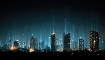 Night cityscape with digital network overlay
