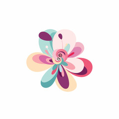 Fototapeta premium Abstract flower illustration with swirling center and pastel colored petals in shades of pink, purple, turquoise, and beige on a white background.