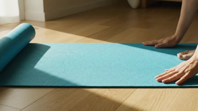 person unrolls blue yoga mat on wooden floor for exercise