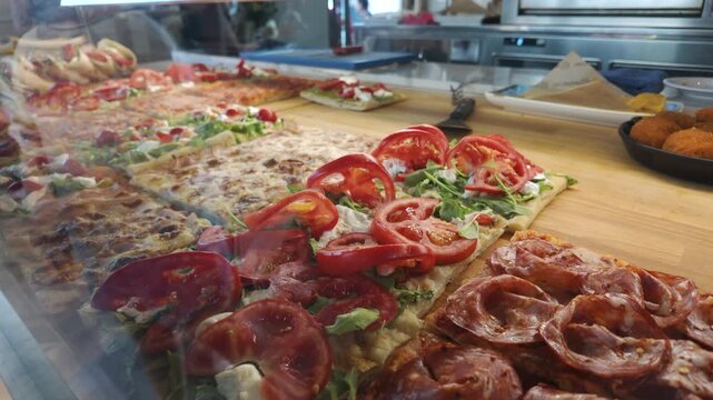 Italian pizza al taglio with fresh tomato slices, arugula, cheese, and assorted toppings in bakery display, representing traditional street food and cuisine