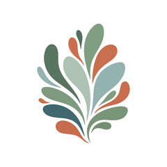 Naklejka premium Abstract illustration of a stylized plant or floral element with teardrop-shaped leaves in shades of green, blue, and orange on a white background.