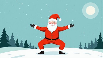 Naklejka premium Cheerful Santa Claus Christmas Yoga Pose, Winter Wonderland Background, Festive Cartoon Illustration