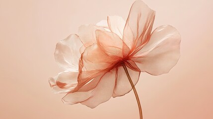 Photograph of a delicate, transparent flower made from sheer fabric, in a muted pink color, against a solid beige background. 