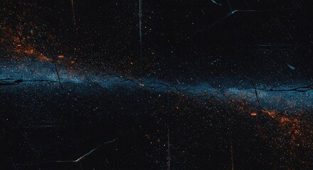 Blue and orange dust, scratches, and dirt marks create a weathered, broken film effect on a dark grunge abstract background.
