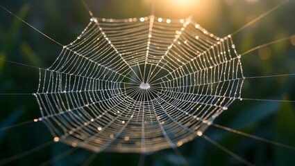 Dew-Kissed Spiderweb at Sunrise: Intricate Nature Macro Photography
