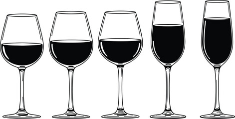 Set of five wine glasses, filled with dark wine, elegant black silhouette vector, isolated transparent background, drinkware collection, bar icon design, celebration element illustration

