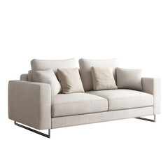 Fototapeta premium Off-white fabric loveseat with light beige cushions, sleek silver legs, and a contemporary design