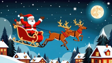 Joyful Santa Claus in sleigh, flying over snowy village under full moon, Christmas cartoon illustration.