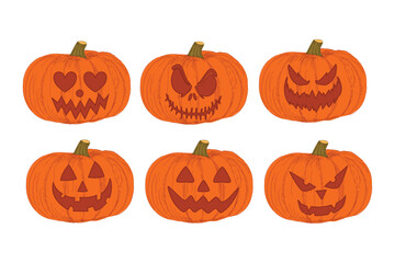 Halloween pumpkins with carved Faces. flat vector illustration.