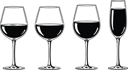 Set of wine glasses, different shapes, full of wine, black silhouette, elegant glassware design, vector illustration, alcohol drink icons, transparent background, bar decoration element

