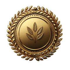 Golden laurel wreath emblem with leaves, symbol of achievement, success on transparent background