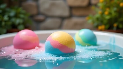 Pastel Bath Bombs Fizz in Aqua Water, Serene Spa Setting