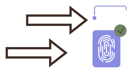 Two arrows pointing to a fingerprint icon with a green checkmark, symbolizing biometrics, security, and validated access. Ideal for technology, cybersecurity, identity verification, authentication