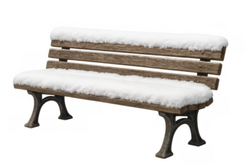 Empty wooden bench covered with snow on transparent background