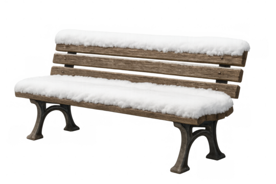Empty wooden bench covered with snow on transparent background