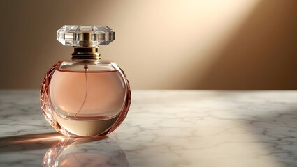 Elegant Amber Perfume Bottle on Marble; Luxurious, Soft Light, Product Photography