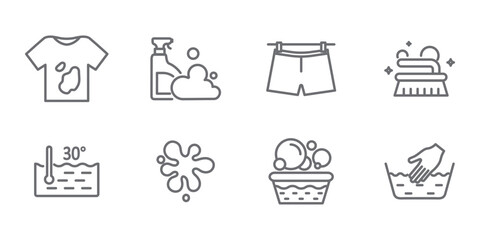 Self-service laundry, hand washing, laundry service, linear set isolated on transparent background. Dirty T-shirt linear icon, spot, hand wash, dry on air, etc. Lingerie line icons. Editable Stroke.