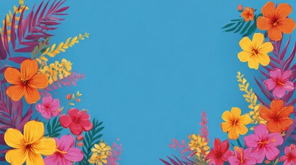 Colorful tropical flowers on bright blue background with empty space in the center ideal for summer invitations, botanical-themed graphics and vibrant seasonal advertising layouts