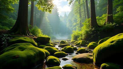 Serene Moss-Covered Rocks and Stream in Sun-Dappled Forest.