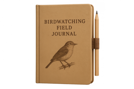 Birdwatching field journal with pencil on transparent background