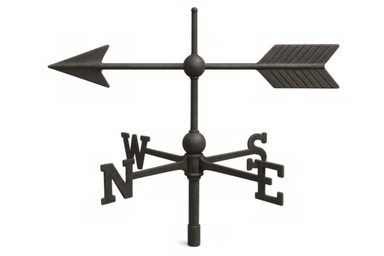 Vintage metal weather vane showing wind direction with transparent background