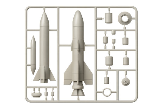Plastic model kit of space rocket components on sprue with transparent background