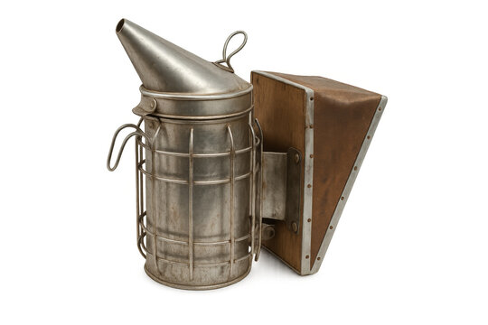 Old bee smoker producing smoke with bellows on transparent background