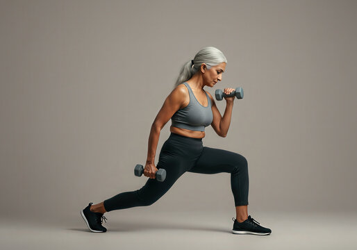 Elderly woman exercising with dumbbells in lunging position for health and fitness - Powered by Adobe