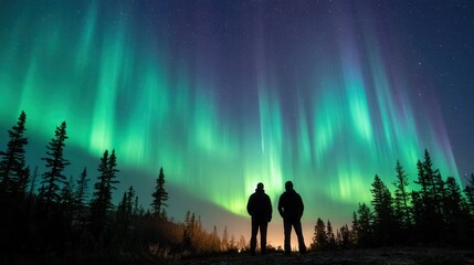 Fototapeta premium Silhouettes of two adults under vibrant northern lights in forested landscape.