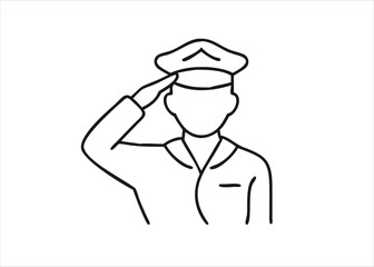 A striking black and white line art depiction of a military person rendering a formal salute presented isolated on white background
