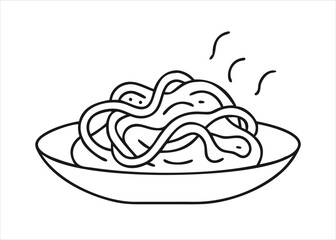 A detailed line art illustration of a classic spaghetti carbonara dish featuring pasta pancetta eggs and cheese isolated on white background