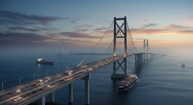 Long Concrete Suspension Bridge with Cars and Ships at Sunset
