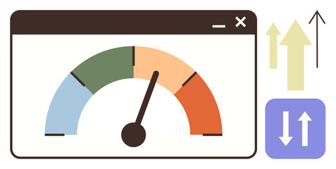 Gauge with color zones and arrow pointer inside a browser window, accompanied by up and down arrows. Ideal for performance, analytics, progress, metrics, efficiency, business growth, and simple flat