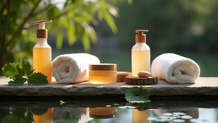 Serene Spa Products: Organic Skincare Bottles, Rolled Towels, Wooden Accents, Tranquil Pond Reflection