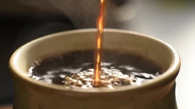 Coffee Pouring Into Cup, Morning Ritual Beverage Fresh Brew