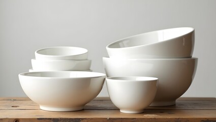 Stack of Modern White Porcelain Bowls on Rustic Wood Tabletop; Minimalist Kitchenware Still Life