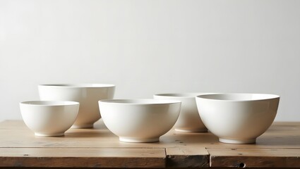 Serene Minimalist White Porcelain Bowls on Rustic Wood Tabletop