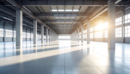 Brightly lit empty warehouse interior with concrete floor and support pillars