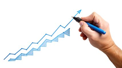 Hand Drawing an Upward Trending Blue Line Graph for Business Growth and Success Concept, isolated on a white background, cutout, PNG.
