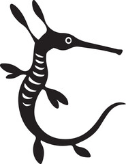 Black silhouette of a leafy sea dragon with detailed body