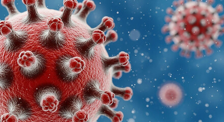 Hyperrealistic 3D Close-Up of COVID-19 Virus in Microphotography Style with Spike Proteins and Cinematic Lighting in a Scientific Fluid Background