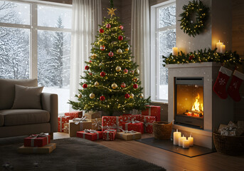 christmas tree with fireplace and gifts