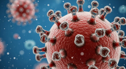 Hyperrealistic 3D Close-Up of COVID-19 Virus in Microphotography Style with Spike Proteins and Cinematic Lighting in a Scientific Fluid Background