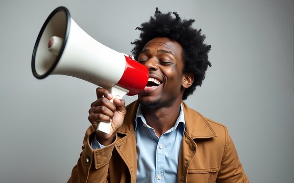 Smiling demonstrator with megaphone. High quality